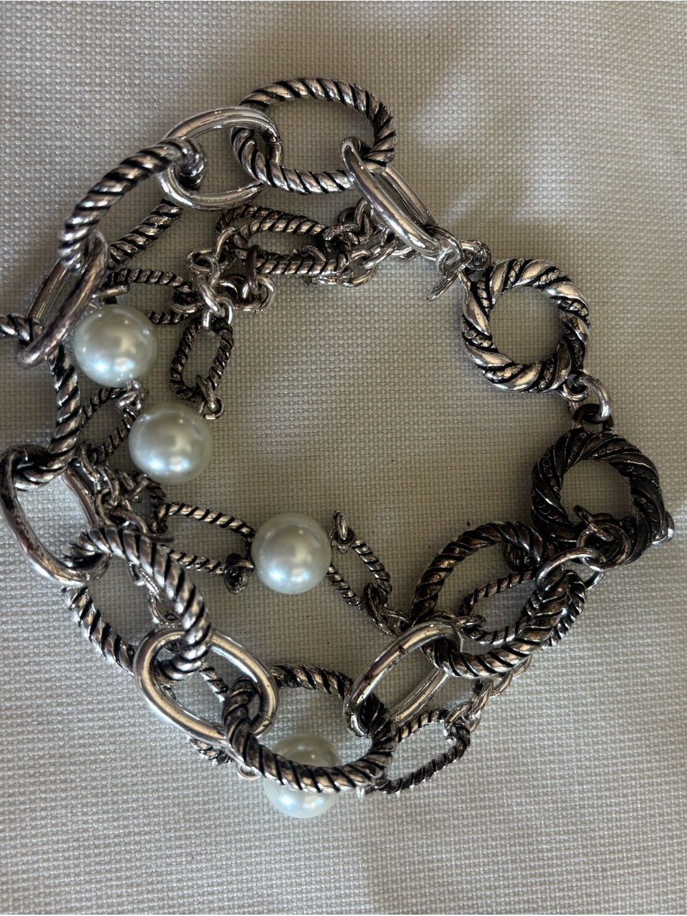 Silver Rope-Link Bracelet with Pearl Accents